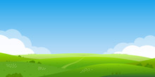 Summer Landscape Background. Field Or Meadow With Green Grass, Flowers And Hills. Horizon Line With Blue Sky And Clouds. Farm And Countryside Scenery. Vector Illustration.