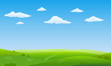 Summer Landscape Background. Field Or Meadow With Green Grass, Flowers And Hills. Horizon Line With Blue Sky And Clouds. Farm And Countryside Scenery. Vector Illustration.
