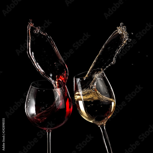 Red and white wine glasses up on black background Canvas Print