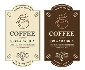 Wall Mural - collection of coffee labels with branch, beans and cup