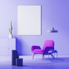 Purple living room, armchair and poster