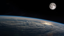 Planet Earth And The Moon From Space. Image Elements Furnished By NASA.