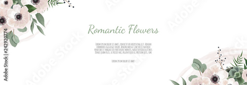 Horisontal botanical vector design banner. Pink rose, eucalyptus, succulents,...