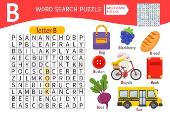 Wall Mural - Words puzzle children educational game. Learning vocabulary. Letter B. Cartoon objects on a letter B.