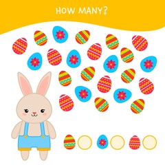 Counting educational children game, math kids activity sheet. How many objects task. Help the rabbit count Easter eggs.