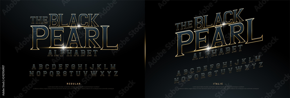 Alphabet golden metallic and effect designs for logo, Poster, Invitation. Exclusive Gold Letters Typography regular font movie concept. vector illustration - obrazy, fototapety, plakaty 