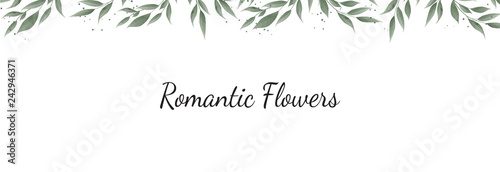 Horisontal botanical vector design banner. Pink rose, eucalyptus, succulents,...