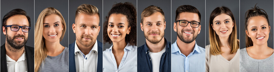 Collage of portraits ethnically diverse business people.