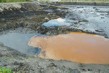 Contamination Soil And Water Spot Oil Pollutions, Former Dump Toxic Waste, Effects Nature From Contaminated Soil And Water With Chemicals, Environmental Disaster Environment, Oil Lagoon