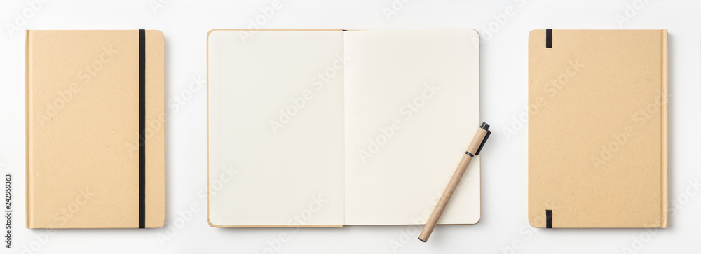Top view of kraft paper notebook, page, pencil - obrazy, fototapety, plakaty 