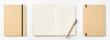 Fototapeta Miasta - Top view of kraft paper notebook, page, pencil