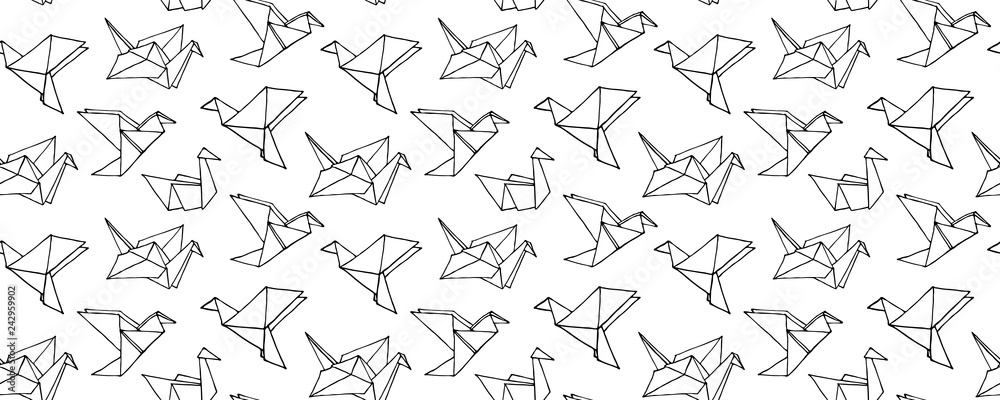 Seamless Pattern with Hand Drawn Origami birds - crane, swan, colibri ...