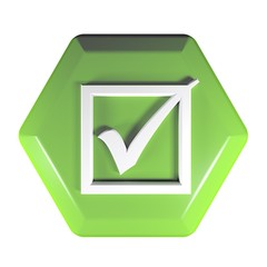 Poster - Green hexagonal push button with icon of a checked box - 3D rendering illustration