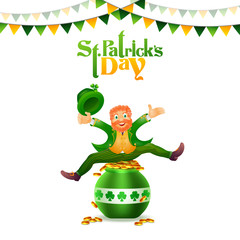 Poster - Vector illustration of happy leprechaun man with coin pot on white background decorated with party flags for St. Patrick's Day celebration.