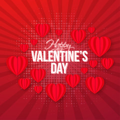 Sticker - Retro style template or greeting card design with paper origami of heart shapes on red rays background for Happy Valentine's Day.