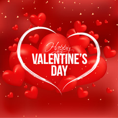 Sticker - Glossy hearts decorated red backrground with stylish lettering of Happy Valentine's Day. Can be used as greeting card design.