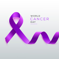 Poster - curl purple ribbon on glossy background for world cancer day template design.