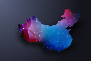 Leinwandbilder - Abstract map of China. Wire frame 3D mesh polygonal network connections. Vector illustration 