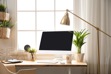 Canvas Print - Light work place with computer near window at home. Interior design