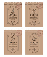 Wall Mural - collection of coffee packaging with branch, beans and cup