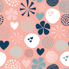 Wall Mural - Abstract seamless vector pattern with flowers, dots, hearts in pink, white, coral, blue. Cute modern hand drawn simple feminine design for girls, fabric, digital paper, baby, woman, decor