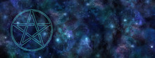 Cosmic Pentacle Web Banner - Transparent Pentacle Symbol Floating In Space Against A Dark Blue Starry Night Sky Deep Space Background With Copy Space On Right