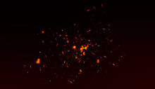 Realistic Isolated Fire Effect  For Decoration And Covering On Black Background. Concept Of Particles , Sparkles, Flame And Light.