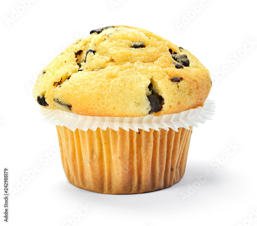Cuadros en Lienzo Delicious vanilla muffin with chocolate, isolated on white background