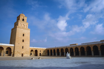 Sticker - Great Mosque of Kairouan courtyard with minaret in Kairouan city in Tunisia also known as Mosque of Uqba