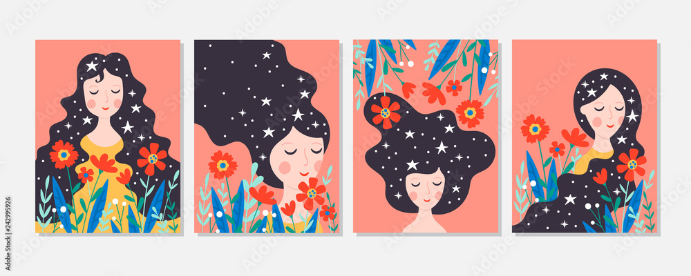 Women's day cute greeting card set with young woman and flowers. - obrazy, fototapety, plakaty 