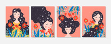 Women's Day Cute Greeting Card Set With Young Woman And Flowers.