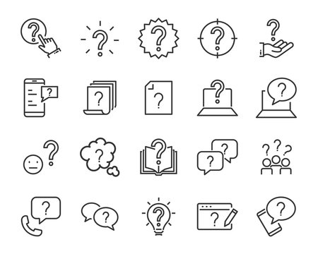 set of question icons, such as, question mark, talk, answer, test, learning
