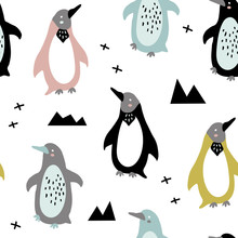 Vector Seamless Background Pattern With Funny Baby Penguins For Fabric, Textile