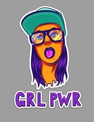 Wall Mural - Color vector illustration for printing on t-shirts. Portrait of a young girl with a tongue hanging out and the inscription girl power. Slogan and design for a sticker isolated from the background