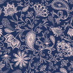 Wall Mural - Abstract vintage pattern with decorative flowers, leaves and Paisley pattern in Oriental style.