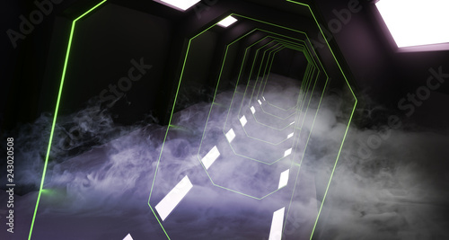 Sci Fi Alien Ship Modern Futuristic Green Stripes Neon Lights Metal Empty Fog Smoke Corridor Tunnel With White Lights Background 3d Rendering Buy This Stock Illustration And Explore Similar Illustrations At