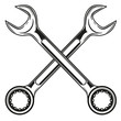 Vintage crossed wrench (spanner) icon in monochrome style, simple shape, for graphic design of logo, emblem, symbol, sign isolated on white background. Vector illustration.