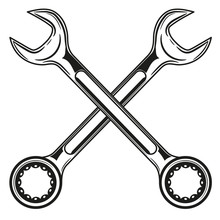 Vintage Crossed Wrench (spanner) Icon In Monochrome Style, Simple Shape, For Graphic Design Of Logo, Emblem, Symbol, Sign Isolated On White Background. Vector Illustration.