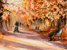 Park In Sunny Autumn Day. Picture Created With Watercolors.