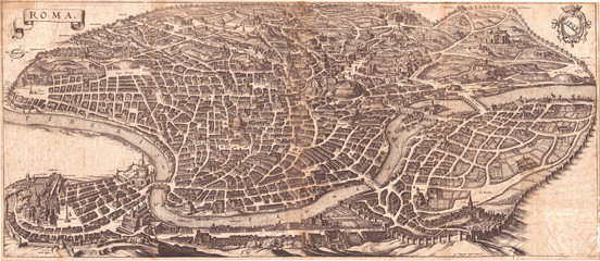 Fototapete - 1652, Merian Panoramic View or Map of Rome, Italy