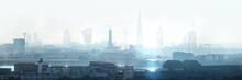 London View The Morning. Panorama Include River Thames, Big Ben And Houses Of Parliament, City Of London Buildings In The Early Morning Mist. 