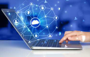 Poster - Hand using laptop with centralized cloud computing system and network security concept
