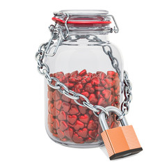 Poster - glass jar full of red hearts with chain and padlock, protect love concept. 3d rendering