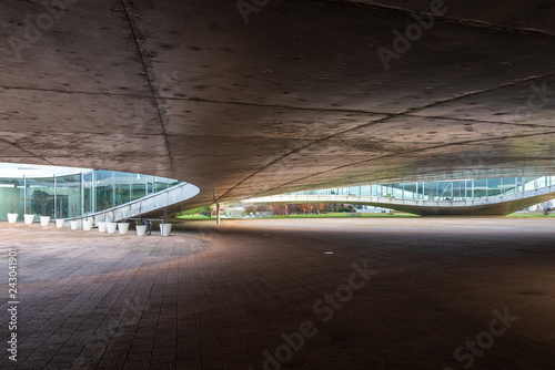 Cuadros en Lienzo Exterior ground floor of Rolex Learning Center (EPFL) in Lausanne, Switzerland with fascinate concrete undulating perforated floor and roof with glass facade