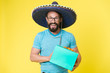 © be free - mexican man in sombrero hat. party time. Male fashion. brutal caucasian hipster with moustache. Mature hipster with beard. Facial care. Bearded man. present box. shopping. happy man
