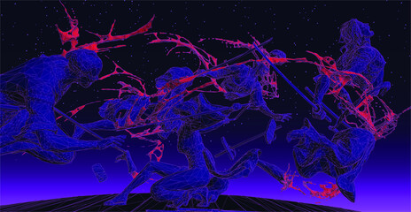 bloody scene of samurais fighting in the night