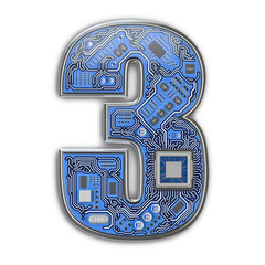 Poster - Number 3 three, Alphabet in circuit board style. Digital hi-tech letter isolated on white.