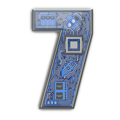 Poster - Number 7 seven, Alphabet in circuit board style. Digital hi-tech letter isolated on white.