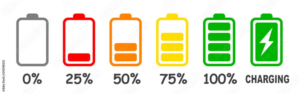 Set of battery charge level indicator in percent - vector - obrazy, fototapety, plakaty 