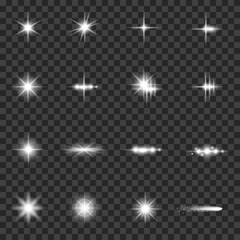 Wall Mural - Set of bright beautiful stars. Optical lens glowing flashlight effect. Light effect, bright star, light flare. White sparkles shine light effect on transparent background – stock vector